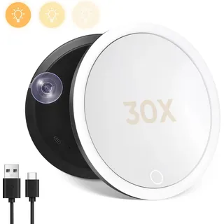 Vergrößerungsspiegel - Kosmetikspiegel - 15 cm - 30x Vergrößerung - Mit Beleuchtung - 360° Verstellbarer Ständer - Saugnapf - Reisetauglich - Silber