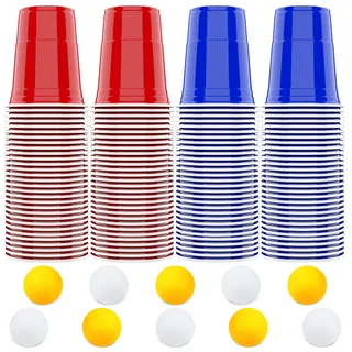 AOLUXLM 100 Plastikbecher Set +10 Ball, Red Cups 473ml 16oz Becher, Mehrwegbecher Partybecher für Geburtstagsfeier Party, Hochzeit im Freien, Camping, Hochzeit
