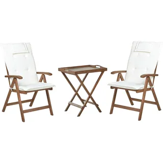 BELIANI Balkonset Dunkelbraun und Cremeweiß Akazienholz 3-Teilig Klappbar Verstellbar mit Auflagen Abnehmbare Tischplatte Modern Terrasse Holzmöbel - Braun, Weiß