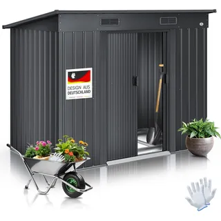 KESSER® - Gerätehaus L Metall 4 m3 mit Fundament | 194x112x181 cm | 2x Schiebetür & Fundament | Geräteschuppen | Gartenhaus Schrank | Pultdach Garten Schuppen | Inkl. Arbeitshandschuhe - Grau