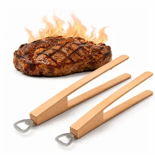 XIANJIA 2‐teilige Grillzange Holz mit Flaschenöffner,Grillzange lang 33,8cm | 2in1 aus unlackiertem Holz, Gezahnte Greifflächen, Integrierter Flaschenöffner, Grillbesteck, Leicht zu reinigen,Grillzubehör