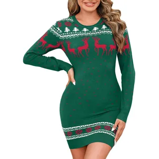 Irevial Weihnachtspullover Damen Strickkleid Rundausschnitt Basic Winterkleid Stretch Sweater Pulloverkleid Midikleid Winter Midikleid Langarm Rentier Geeignet Für Hochzeit Heiligabend XL Grün
