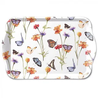 Ambiente Home Ambiente Tablett Dekotablett kleines Serviertablett Tray 13 x 21 cm Melamin Garten Blumen Floral Schmetterlinge Serie Butterfly Garden