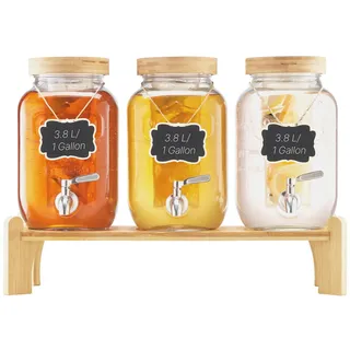 Vevor Getränkespender (3 x 3,8 L) für Partys Saftspender (aus Glas) mit tropfsicherem Zapfhahn & Holzständer Wasserspender für Restaurants Partys, Limonade Eistee selbstgemachte Getränke Spender