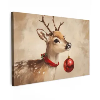 MuchoWow Leinwandbild Weihnachten - Hirsch - Geweih - Weihnachtskugel - Rentier Wanddeko 90x60 cm , Hellbraun , Textil , Kiefer , Rechteckig , 90x60 cm , FSC 100% , gerahmt , Bilder & Rahmen, Bilder, Leinwandbilder