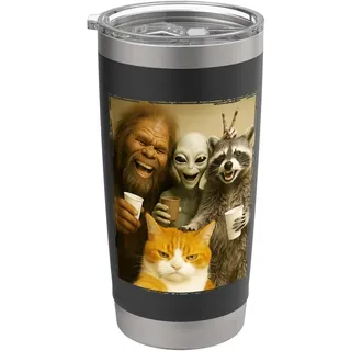 Katzen-Selfie mit Bigfoot; Alien & Racoon | Lustige Katze Doppelwandiger Edelstahl-Thermobecher