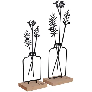 UNUS Aufsteller Blumenvase 2er Set, 23,5 cm und 31,5 cm hoch, Metallaufsteller mit Bambussockel, in Schwarz, Frühlingsdeko für Fenster, Tisch oder Regal