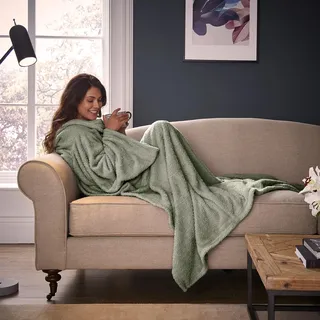 SILENTNIGHT HOUBEN Silentnight Snugsie Sage tragbare Decke – weiche Teddy-Fleece-Decke mit Ärmeln – 2-in-1-Ärmeldecke und Kissen – Übergröße mit Fußtasche
