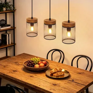 ZMH Pendelleuchte esstisch Holz Schwarz Vintage Hängelampe 3 flammig E14