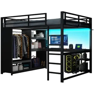 Stilvora Hochbett 160/200 cm in Schwarz mit Schreibtisch, Led, offenem Kleiderschrank und Ablagefächern , Metall , 160x200 cm , Babymöbel & Kindermöbel, Kinderzimmer & Jugendzimmer, Kinderbetten, Hochbetten