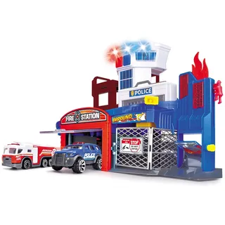 DICKIE Toys – Parkgarage Feuerwehr und Polizei – Parkhaus inkl. 2 Spielzeugautos, mit Aufzug, Blaulicht, Sirene, Löschfunktion, für Kinder ab 3 Jahren
