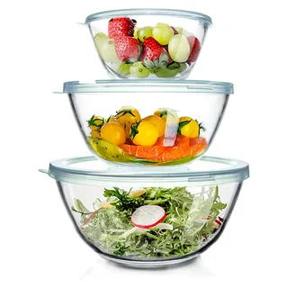 Glas Rührschüssel mit Deckel, 3er-Set (4,2L, 2,5L, 1L), große Salatschüsseln für die Küche
