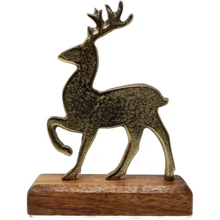 Weihnachtshirsch in Gold aus Metall auf Mangoholzsockel 14x2x23cm