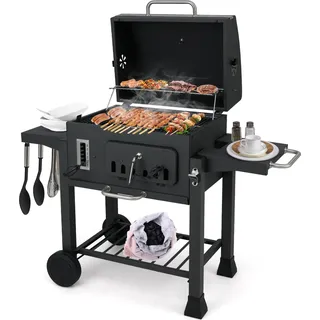 KOMFOTTEU Holzkohlegrill mit 2 klappbaren Seitentischen & Rädern, Grillwagen mit 6-fach-Holzkohlebehälter, Ablagefach, Grillrost, Thermometer, Rauchgrill Standgrill für outdoor - Schwarz