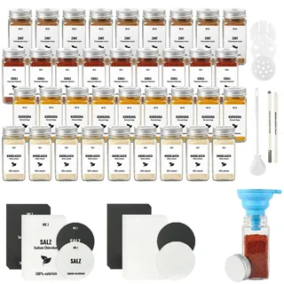 JAECU 36pcs Gewürzgläser Eckig mit Aluminiumdeckel, 120ml Glasbehälter mit Streueinsatz, Luftdichte Gewürzdosen inkl. Trichter, Permanentmarker, Bürste & Etiketten (Weiß)
