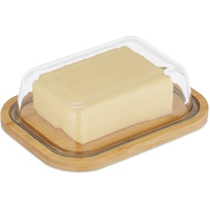 Relaxdays Butterdose, mit Deckel, Bambus & Glas, 250 g Butter, HxBxT: 5,5 x 19 x 14 cm, Butterschale, natur/transparent