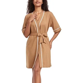 COLORFULLEAF Damen-Bademantel, leicht, 100 % Baumwolle, kurzer Sommer-Hausmantel, Kimono-Stil, Sauna, 3/4-Ärmel, Bademantel, Nachtwäsche mit 2 Taschen (Braun, S)