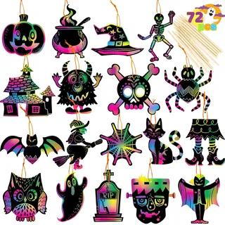 JOYIN 72 Stück Bastelset Halloween Kratzbilder Set mit 18 Designs für Kinder, Süßes oder Saures, Partyzubehör, Halloween-Dekorationen, Klassenzimmeraktivitäten