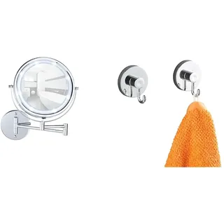WENKO Power-Loc® LED Wandspiegel Lumi, 5-Fach Vergrößerung, Spiegelfläche Ø 17,5 cm & Vacuum-Loc® Wandhaken im 2er Set, Handtuchhalter, Haken für Handtücher und Accessoires, je 6 x 6,7 x 5 cm