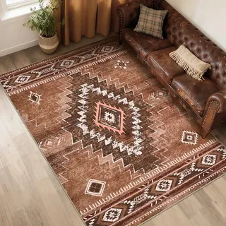 Alishomtll Wohnzimmer Kurzflor Teppich, Anti-Rutsch Weich Waschbar Küchenteppich, Vintage Geometrische Muster Teppich Läufer für Schlafzimmer Kinderzimmer Küche Eingang Braun 140x200 cm