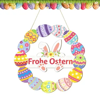 Osterdeko Holz Kranz 28cm zum Aufhängen - Großer Bunter Osterkranz mit Hasen & Ostereiern - Frohe Ostern Schild für Tür, Fenster & Wand - Deko Indoor & Outdoor