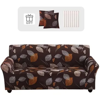 Lydevo Sofabezug 2 Sitzer Stretch Sofahusse Elastischer Sofabezug Spandex Sofa Überzug mit 2 Kissenbezug Anti-Rutsch Waschbar Sofa Protection Cover Schonbezug Couch,Braune Blätter