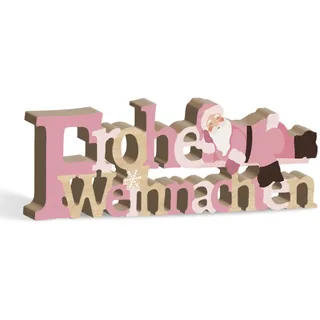 Putuo Decor Weihnachtsdeko Dekofigur, Frohe Weihnachten mit liegendem Weihnachtsmann in Rosa, Holzdeko Weihnachten für Schreibtisch, Fensterbank, Schrank, Esstisch, Wohnaccessoires