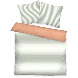 TOM TAILOR Perkal-Bettwäsche, 2*80x80 + 200x220 cm, 100% Baumwolle/Perkal, Wendemotiv, farbige Paspel am Kissen und Reißverschluss, STRIPES WITH A KICK Hellgrün, Pfirsich (Green Leaf & Juicy Peach)