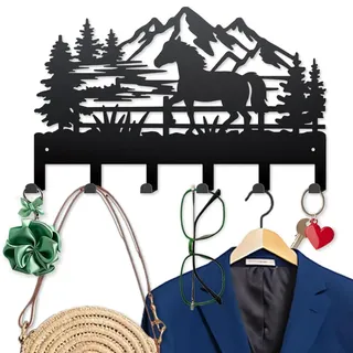 MAYJOYDIY Pferdeweide Bergwald Schlüsselhalter für Wand 40×25cm Naturkulisse Metall Kleiderhaken Wand mit 6 Haken Modern Schlüsselbrett für Flur, Eingangsbereich, Küche, Badezimmer (Schwarz)