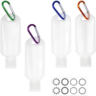 Kare & Kind Clear Tragbare Reiseflaschen - 4x Leere Flaschen mit Klappdeckel, 4x Karabiner, 1x Aufkleber-Etikettenblätter - bis zu 50 ML - Für Handdesinfektionsmittel, Desinfektionsalkohol