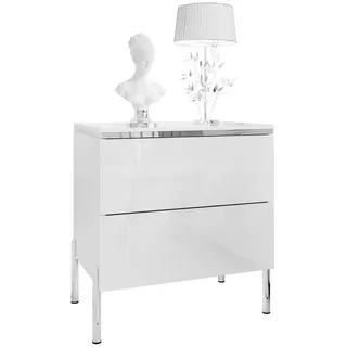 Lookway Nachttisch Aurora II Silver Hochglanz Weiß mit LED-Beleuchtung – mit geraden verchromten Beinen , Weiß Hochglanz , Holzwerkstoff , 50x54x37 cm , Schlafzimmer, Nachtkästchen