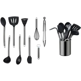 Echtwerk Küchenuntensilien,10-teiliges Küchenhelfer-Set,Küchenzubehör,Kochbesteck mit Edelstahlgriff,Kochset Utensilienhalter,Kochzubehör,Antihaft Silikon Haushaltshelfer,Black-Edition,EW-KS-1004S