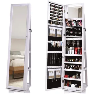 SogesHome Jewellery Cabinet Schmuckschrank mit Spiegel in voller Länge und 360° drehbarem Sockel, Standspiegel Abschließbare Schmuckschränke, Spiegel-Schmuck-Organizer Höhe 160 cm