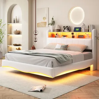 Ball & Cast Polsterbett 160x200 cm Schwebebett mit Beleuchtung, Kopfteil und Ladestation, Bett 160x200 mit Stauraum, Modern Doppelbett mit lattenrost, Leinen, Beige