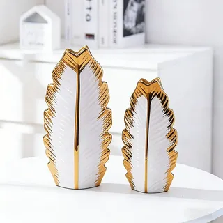 Keramik Blumenvasen, 2er Set, Moderne minimalistische dekorative Vase, für Wohnkultur, Schlafzimmer, Couchtisch, Hochzeiten, Restaurants, Büro und Eingangsdekorationen (Weiß und Gold)