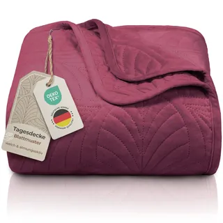 Gräfenstayn Premium Tagesdecke 170x210 cm – Bettüberwurf mit Nahtloser Steppung & Blatt-Design – Samt-Decke – weich, knitterfrei & pflegeleicht – Überwurf für Bett & Sofa (Bordeaux)