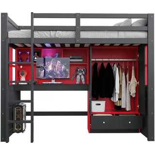 Flieks Hochbett 90x200cm Gaming Schreibtisch Schrank Stauraum Schwarz , Rot , Holz , 90x200 cm , Babymöbel & Kindermöbel, Kinderzimmer & Jugendzimmer, Kinderbetten, Hochbetten