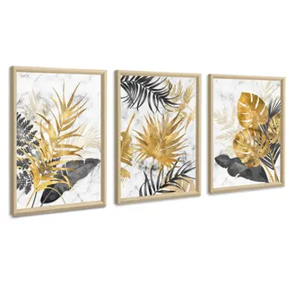 3 Teilig Leinwandbilder Bilder mit Rahmen Abstrakt Grau Gold Blätter bild auf leinwand Wandkunst Modern Wandbilder Kunstdruck Deko für Wohnzimmer Schlafzimmer fertig zum Aufhängen 30x40x3 Pcs