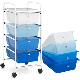 COSTWAY Rollwagen mit 4 stapelbaren Schubladen, Ablagefläche & Metallgestell, Schubladenwagen Rollcontainer Badrollwagen Aufbewahrungswagen Blau - Blau, Weiß