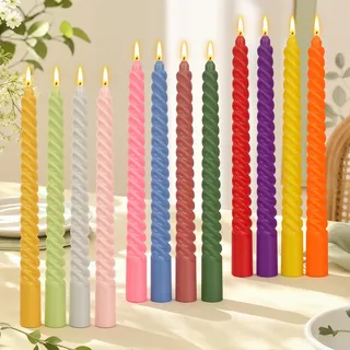 12 Stück Spiralförmige Stabkerzen Bunt, Tropffreie Bunte Kerzen 2×25 cm | Lange Kerzen Spiralkerzen,Rauchfreie Spitzkerzen Geschenke für Hochzeit Tischdeko Weihnachten Dinner Party, 8 Std. Brenndauer