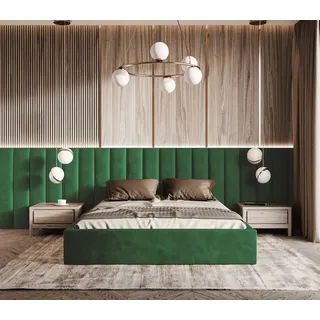 Polsterbett Vilde 200x220 mit Wandpaneelen 300 cm, Bettkasten, Samtbezug Piano 26 Flaschengrün, stabile Konstruktion - Grün