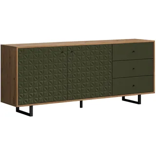 trendteam smart living - Sentra - Sideboard - Dunkelgrün/Eiche - Kommode mit 2 Türen und 3 Vollauszug Schubladen mit angesagter Fräsung - (BxHxT) 183 x 75 x 40 cm - schwarze Metall Griffe und Füße