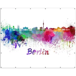 Wallario XXL Outdoor-Poster für Garten oder Balkon, Motiv Städte als Aquarell - Skyline von Berlin, in ca. 250 x 200 cm - Weiß