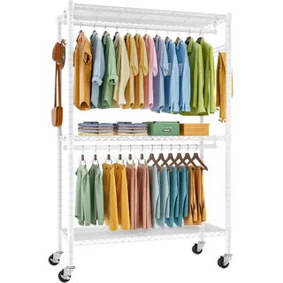 FTEYUET Kleiderständer auf Rollen, Kleiderstange, Schwerlast Kleiderständer Metall Garderobenständer Kleiderbügel Kleiderschrank mit 3 Kleiderstangen und Ablage, Haken (Weiß, 45 D x 120 W x 205 H)