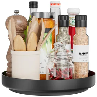 Drehbares Gewürzregal Lazy Susan – 360° drehbar, Metalltablett, Organizer, 28 cm, für Speisekammer, Küche, Bad, Kühlschrank, Tisch, Schwarz