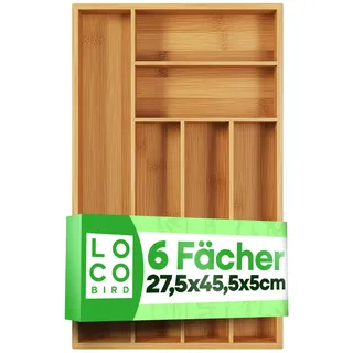 Loco Bird Besteckkasten für Schubladen aus Bambus 6 Fächer - 27,5x44,7x5cm Besteckeinsatz für Schubladen verstellbar - Besteck Organizer Küche Holz - Schubladeneinsatz Küche - Cutlery Organizer
