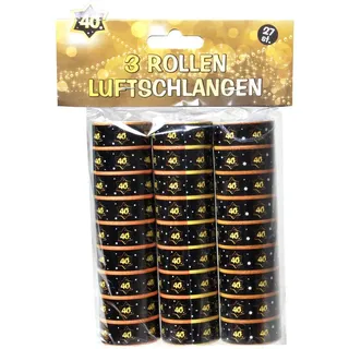 3er PACK PAPIER LUFTSCHLANGEN 40 "3-tlg. 40.GEBURTSTAG MOTIV: schwarz gold Deko