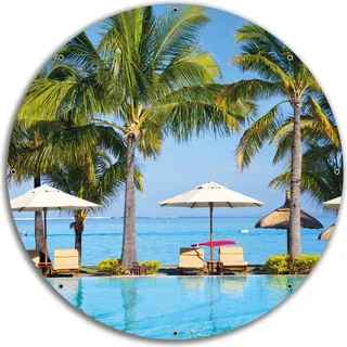 Wallario rundes Outdoor-Poster für Garten oder Balkon, Motiv Sonnenschirme am Südsee-Palmenstrand mit blauem Meer-Wasser, 60 cm Durchmesser - Schwarz