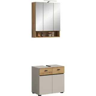 Badmöbel-Set WELLTIME "VANN, 2-teilige moderne Badkombination, inkl. Beleuchtung", kaschmir, evoke oak nachbildung, schwarz, B:60cm H:191cm T:35cm, Holzwerkstoff, Kastenmöbel-Sets, Badmöbel-Set, Bad-Kombination, Bad-Möbel, Badezimmer, Kombination, Kombi, Bad-Set