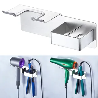 Föhn und Glätteisen Halterung, Metall Fönhalter Wand, Föhnhalterung Bad Ohne Bohren für Haartrockner und Glätteisen Aufbewahrung, Haartrocknerhalter Föhnhalter Wandhalterung für Bad Hotel (Silber)
